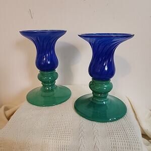 Hand Blown Art Glass Candles Sticks, Blue Swirl, Green Alabaster Glass 5.5"